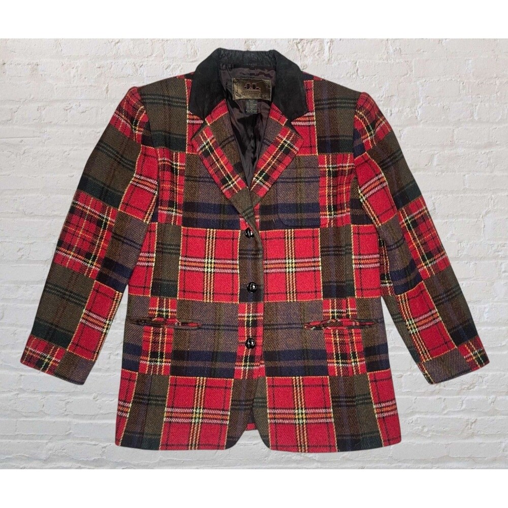 Vtg JL Colebrook Plaid Wool Blazer Womens MED Red Black Velvet Collar Oversized
